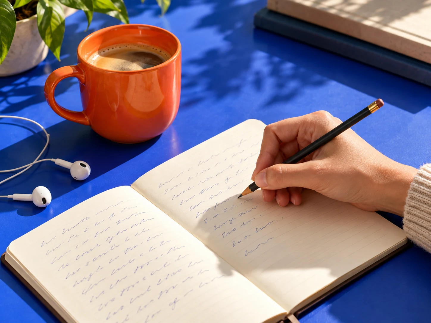 Mão escrevendo em um caderno sobre uma mesa azul