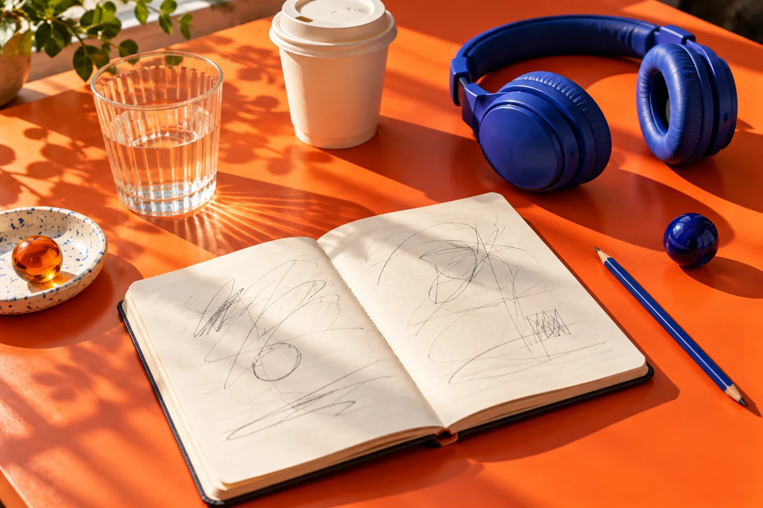 Objetos de estudo e fones de ouvido em uma mesa com luz natural